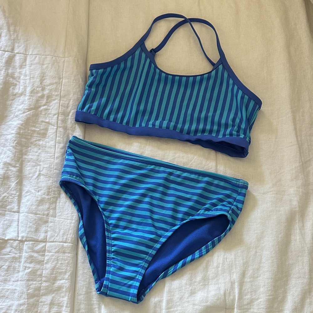 Lands' End Girls Blue & Teal Striped Two-Piece Swim Set